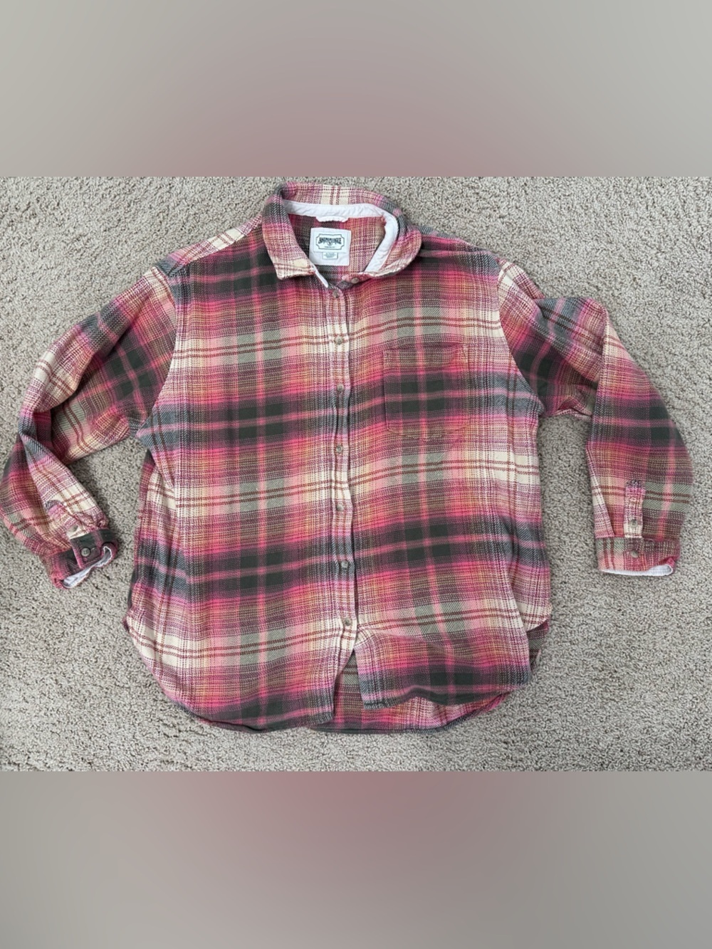 American Eagle Outfitters Pink and Green Plaid Button-Down Shirt